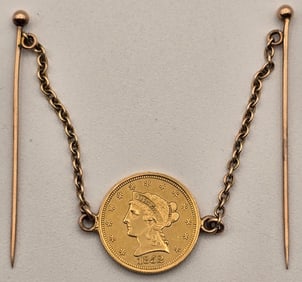 1852 United States $2.50 Quarter Eagle Liberty Head Gold Coin Double Stickpin