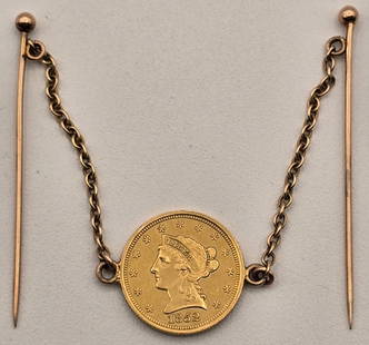 1852 United States $2.50 Quarter Eagle Liberty Head Gold Coin Double Stickpin: 1852 United States $2.50 Quarter Eagle Liberty Head Gold Coin Double Stickpin. The coin is 90% fine and contains .12094 ounce of pure gold. The sticks and chains are 14k yellow gold. Total weight is a