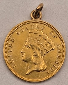1854-1889 United States $3 Indian Princess Head Gold Coin Love Token With Attached Bail