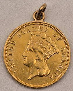 1854-1889 United States $3 Indian Princess Head Gold Coin Love Token With Attached Bail: 1854-1889 United States $3 Indian Princess Head Gold Coin Love Token With Attached Bail. The coin is 90% fine gold and the total weight of the item is approximately 4.63 grams. The reverse is engraved
