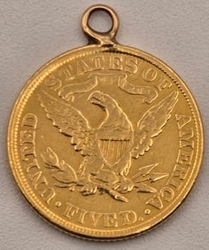 1866-1908 United States $5 Half Eagle Liberty Head Gold Coin Love Token With Attached Bail