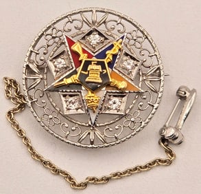 Vintage 14K White Gold & Diamond Order Of The Eastern Star Gavel Pin
