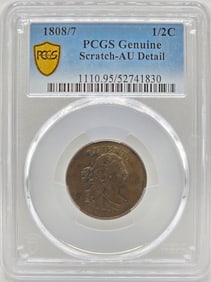 1808, 8 Over 7 United States Draped Bust Half Cent PCGS Scratch AU Detail