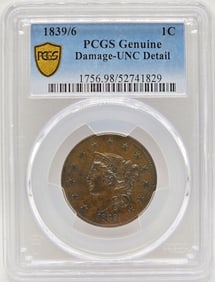 1839, 9 Over 6 United States Young Head Large Cent PCGS Genuine Damage UNC Detail