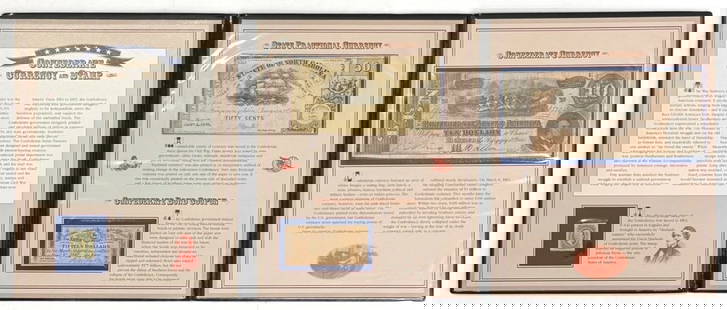 Confederate Currency and Stamp Set: Confederate Currency and Stamp Set, Postal Commemorative Society.? Includes 1863 Jefferson Davis Stamp, 1863 Fifty Cents State Fractional Currency, 1885 2nd Series Fifteen Dollar Confederate Bond Coup