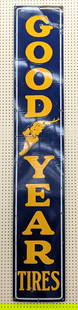 Large Vintage SSP Goodyear Tires Vertical Sign 94x16: Large vintage single sided porcelain Goodyear Tires advertising sign. Has porcelain loss, bend on top right corner, and other wear from use and age. It measures approximately 94in tall by 16in across