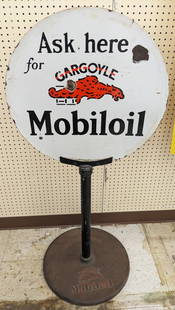 Vintage DSP Mobiloil Gargoyle Lollipop Curb Sign w / Base: Vintage double sided porcelain Mobiloil Gargoyle lollipop advertising curb sign with original cast iron base. Appears to be in good condition with porcelain loss, paint loss on base, touch-ups on one