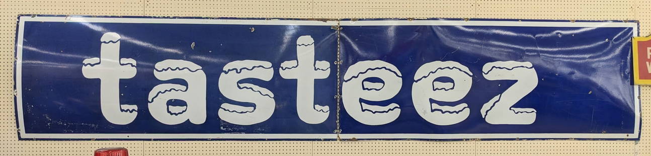 15ft Vintage SSP Tasteez 2-Piece Sign: Large vintage single sided porcelain Tasteez 2-piece advertising sign. Appears to be in good condition with porcelain loss, discoloration/ fading, and other wear from use and age. Measures approximate