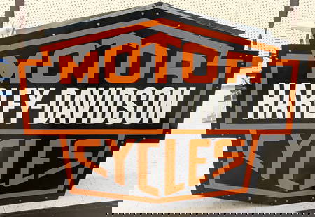 4ft DST Harley-Davidson Motorcycles Dealer Sign: Unique double sided metal Harley-Davidson Bar & Shield motorcycle dealership advertising sign. Nice condition with some light scratches and wear from display. Was purchased from a Wisconsin dealership