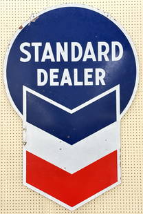 6ft Vintage DSP Standard Dealer Die-Cut Sign: Large vintage double sided porcelain Standard Dealer die-cut advertising sign. Appears to be in nice condition with some porcelain loss, discoloration, and other wear from use and age. Measures approx