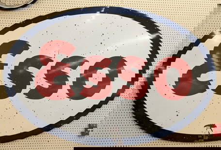 7ft Vintage DSP Esso Service Station Sign: Vintage double sided porcelain Esso service station advertising sign. Has porcelain loss and other wear from use and age. Displays well. Measures approximately 88in across by 59in tall.