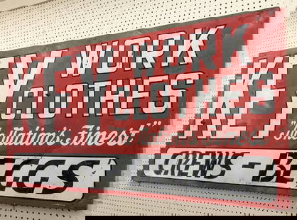 Vintage SST Key Work Clothes Sign 70x33: Large vintage single sided metal Key Work Clothes Crews Beggs advertising sign. Has some paint loss , scratches, dents, a couple bullet holes, and other wear from use and age. Displays well with a gre