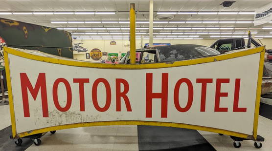8ft Vintage DS Denver?s Motor Hotel Lighted Sign: Large vintage double sided Motor Hotel advertising sign. The Motor Hotel was located on Denver's iconic Colfax Ave. The sign features a metal housing with plastic / acrylic faces. Can has paint loss s