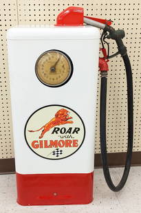 Restored Custom Gilmore Service Station Gas Pump: Restored custom vintage Gilmore Service Station gas pump. Overall good cosmetic condition with scratches and wear from display and storage. The original plastic face does have some damage. Pump does n