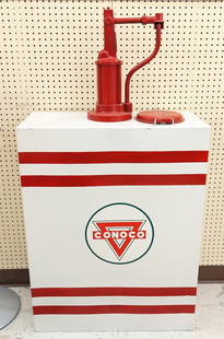Restored CONOCO Service Station Lubester: Restored vintage CONOCO service station metal Opaco lubester. Appears to be in overall good condition with paint loss, scratches, dents, and wear from display. It measures approximately 55in tall by