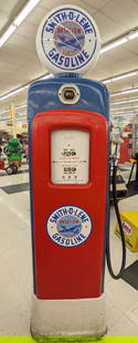 Martin & Schwartz Model 80 Smith-O-Lene Gas Pump: Vintage Martin & Schwartz Model no. 80 gas pump with red and blue repaint, added Smith-O-Lene decals , and modern Smith-O-Lene globe. Overall good condition with paint loss, scratches, and other wear