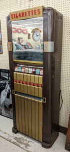 1950s Rowe Cigarette Machine w/ Old Gold Girl Clock: Hard to find original unrestored 1950s Rowe cigarette vending machine with original Old Gold pinup girl legs clock. Machine appears to be in good unrestored condition with paint loss, scratches, plate