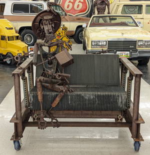 Home Alone 2 Pigeon Lady Industrial Art Sculpture Bench: Unique Home Alone 2 Lost In New York " Pigeon Lady" industrial art sculpture glider bench. It features all metal repurposed escalator scrap parts and more. Displays well with a great patina look. Over