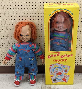 Lot of Child?s Play Good Guy Chucky Dolls: Lot of two Child's Play Good Guy Chucky Dolls Lot includes a 30in Good Guys doll in box and a 24in evil Good Guys Chucky doll. The 24in doll appears to be in nice condition with some scuffs and wear f