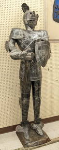 7ft Medieval Armored Knight Metal Statue: Unique 7ft tall Medieval Armored Knight metal art statue / prop. Appears to be in nice condition with some dents / surface rust on base and other wear from display and storage. Measures approximately