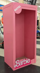 Life Size Custom Mattel Barbie Box Photo Booth: Unique custom made life size Mattel Barbie box photo booth. Made from tempered hardboard with a Barbie pink paint job. Measures approximately 7ft tall 40in across by 30-1/2in deep.