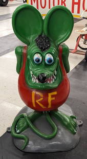 3ft Cast Metal Rat Fink Statue: Large cast metal Rat Fink statue. Appears to be in good condition with some paint loss and wear from display and storage. Measures approximately 3ft tall by 20in across