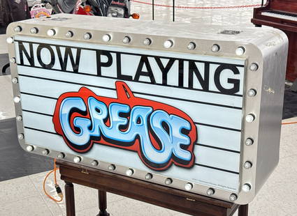 4ft Grease Broadway Musical DS Lighted Sign: Incredible large double sided lighted "Now Playing" Grease sign from the 2011 Broadway musical. It features lighted acrylic faces, metal can with fans , and chaser lights. Appears to be in nice