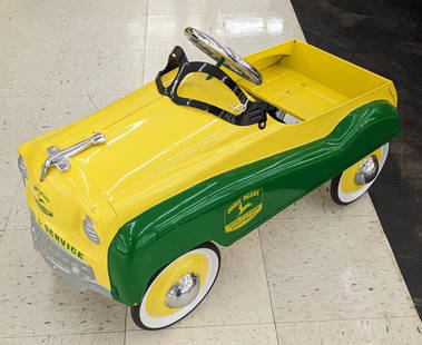 Contemporary John Deere Pedal Car By Gearbox: Contemporary John Deere pedal car by Gear Box. Appears to be in nice condition with some scratches / scuffs and other wear from display amd storage. Measures approximately 3ft across.