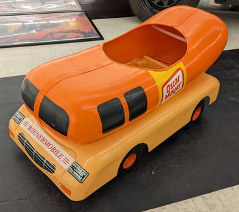 Vintage Oscar Mayer Weinermobile Plastic Pedal Car: Vintage Oscar Mayer Weinermobile plastic pedal car. Overall good condition with some scratches / scuffs, decal loss / wear, and other wear from use and age. Measures approximately 48in across .