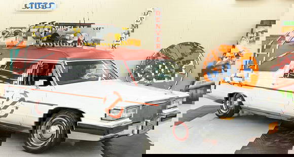 2016 Ghostbusters Ecto-1 1984 Cadillac Fleetwood Hearse: This car is 1 of 4 made and used in the 2016 Ghostbusters. Comes with all the original movie prop add ons like the Ghost Box, siren, flashing light, and more details.? Motor: 368 cu in V8 Transmission
