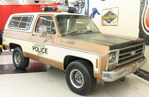 Stranger Things Hawkins Police 1980 Chevrolet K5 Blazer: Car has a good bit of wear and damage on the interior, but gives it the feeling like this should be driven by Hopper.? Motor: 350 cu in V8 Gasoline? Transmission: TH400 Automatic? Mileage: Reads 1382