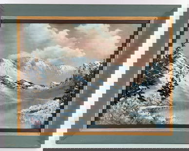 Rare Circa 1980 Bob Ross Oil Painting On Canvas: Oil on canvas painting by listed Florida artist Bob (Robert Norman) Ross (1942-1995). The untitled painting features an Alpine Landscape and was painted circa 1980. The 18" x 24" oil painting has been