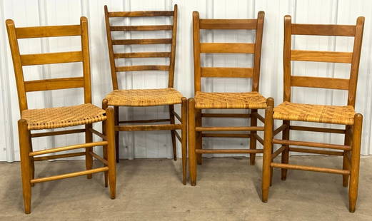 Assortment of Shaker Style Ladder Back Woven Chairs: Assortment of Shaker Style Ladder Back Woven Chairs, These Shaker Chairs Are In Great Condition Popular For Their Simplicity And Durability. One Of These Chairs Is Not Matching The Rest With A Smaller