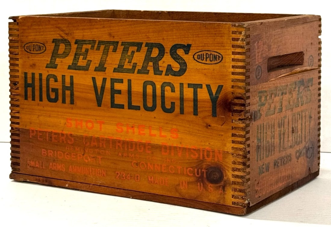 Peters High Velocity Shot Shells Ammunition Wooden Crate: Peters High Velocity Shot Shells Ammunition Wooden Crate. Side Panel Brand Marking is Peters Cartridge Division (Remington Arms Company) under DuPont Ownership. The Post-Acquisition Branding is Confir
