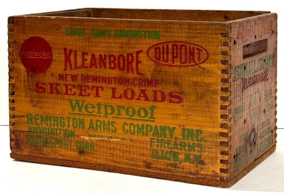 Remington Shur Shot Skeet Loads Wooden Ammunition Crate.: Remington Shur Shot Skeet Loads Wooden Ammunition Crate. This Crate Was Originally Used by Remington Arms Company Inc. for Packaging 12-Gauge "Shur Shot" Kleanbore Skeet Loads. The Dovetail Jointed Pi