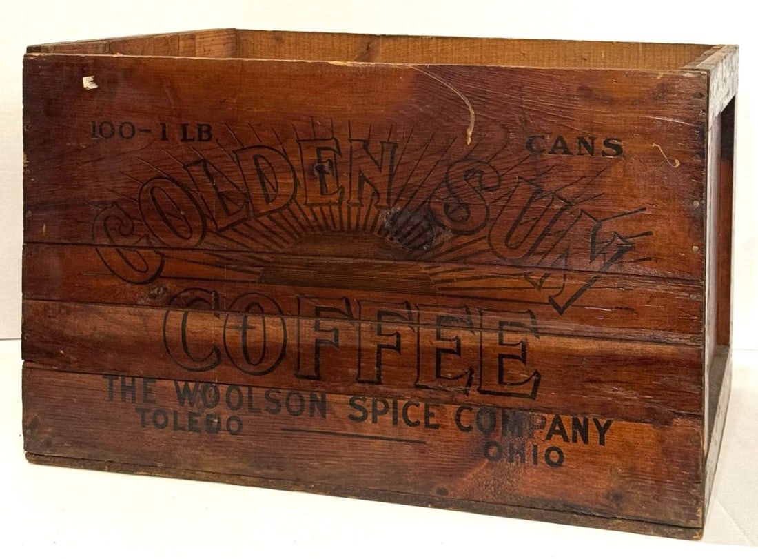 Large Golden Sun Coffee 100-1lb Cans Wooden Transport Crate: Large Golden Sun Coffee 100-1lb Cans Wooden Transport Crate. This Was Originally Used to Ship Steel Cut Cans of Coffee. The Woolson Spice Company Based in Toledo Ohio was the Owner of Many Spice, Drie