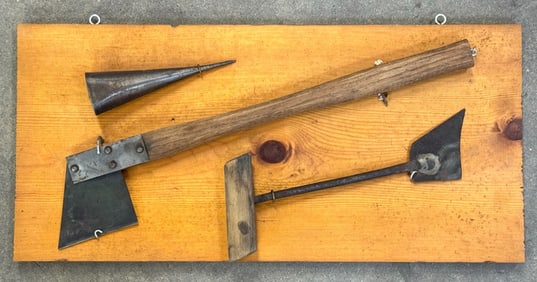 Tobacco Knife Cutter Hatchet, Spear Spike, Tobacco Leaf Cutter On Wooden Display Board
