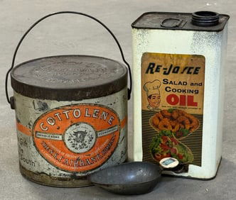 Vtg. E-A-Co Flour Scoop Everett Aughenbaugh, Re-Joice Salad Cooking Oil, Cottolene Cottonseed Oil