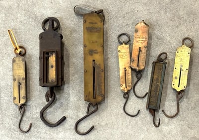 Vtg. Brass Hanging Scales Incl. John Chatillon, Warranted Balance, Pecks Warranted Spring Balance &