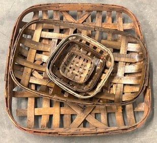 (5) Antique Woven Wooden Tobacco Baskets, Assorted Sizes