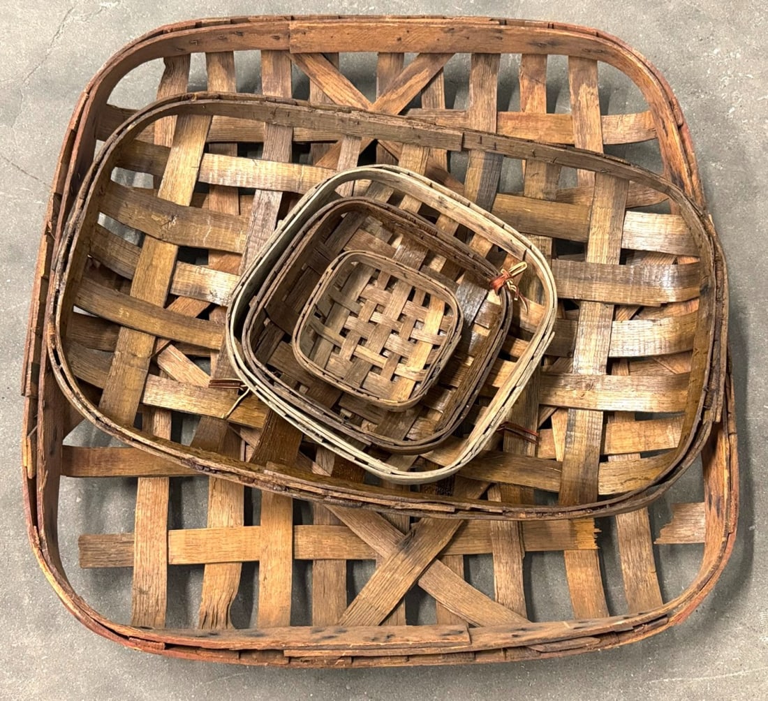 (5) Antique Woven Wooden Tobacco Baskets, Assorted Sizes (1 of 4)