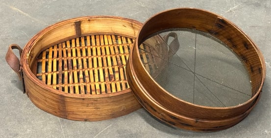 Vintage 20.5? & 17in Round Bent Wood Flour Grain Dry Sifter Wooden Screen Sieve