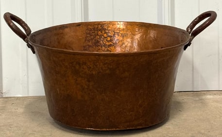 Primitive Hammered Copper Pot With Double Handles & Rounded Bottom