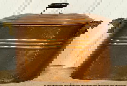 Polished Copper Boiler Kettle Wash Tub With Lid & Wooden Handles