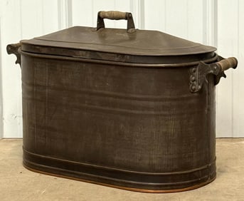 Vtg. Copper Boiler Kettle Wash Tub With Lid & Wooden Handles