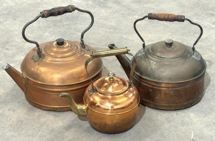 Korean Copper & Brass Kettle, Rome Copper Kettle & Unmarked Copper Kettle