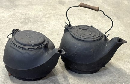 Antique Primitive Large Cast Iron Tea Kettles