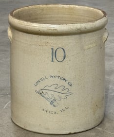Antique 10 Gallon Lowell Pottery Oak Leaf Acorn Crock