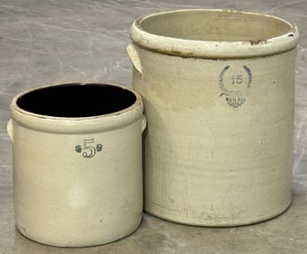 15 Gallon White Hall S.P. & S. W. Co. & 5 Gallon A D Ruckel? White Hall Stoneware Crocks
