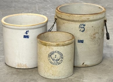 Rare 2 Gallon Buckeye Pottery Deer Logo, 4 & 6 Gallon Ruckers Stoneware Crocks